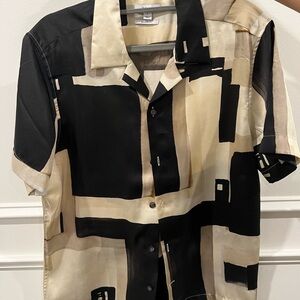 Reiss Cuban Collar Black and Cream Abstract Shirt